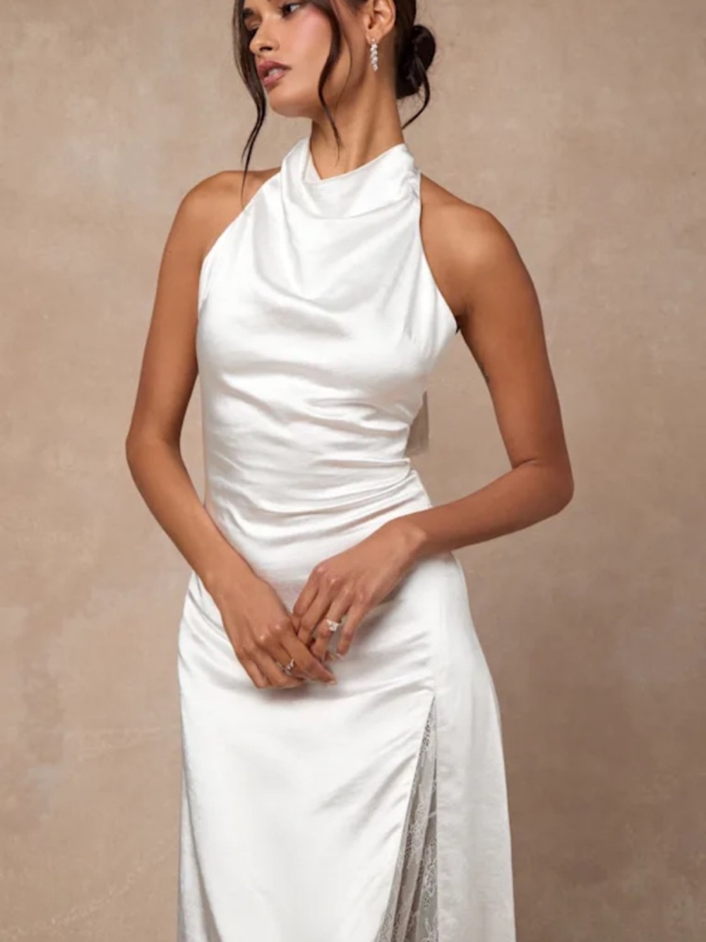 New Lulus Concetta Ivory Satin Elegant Halter Gown With Lace Panel Sz Medium